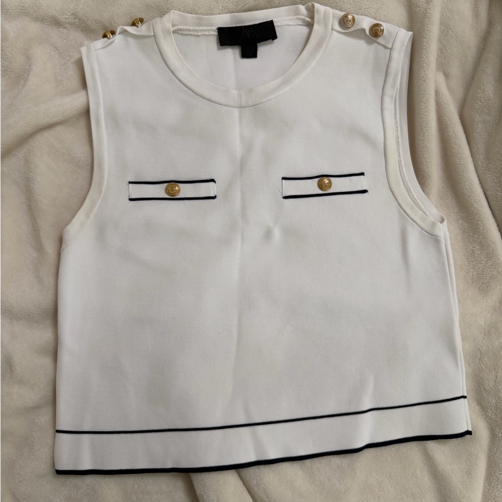 Zara White Sleeveless Blouse with Gold Buttons